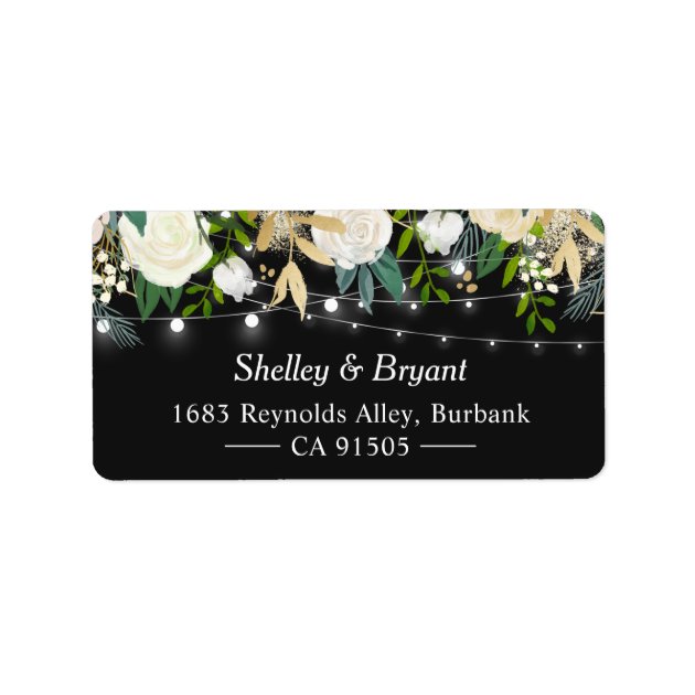 Watercolor Cream Gold White Floral String Lights Label
