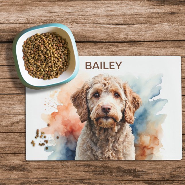 Watercolor Cream Labradoodle Dog Food Mat (Creator Uploaded)