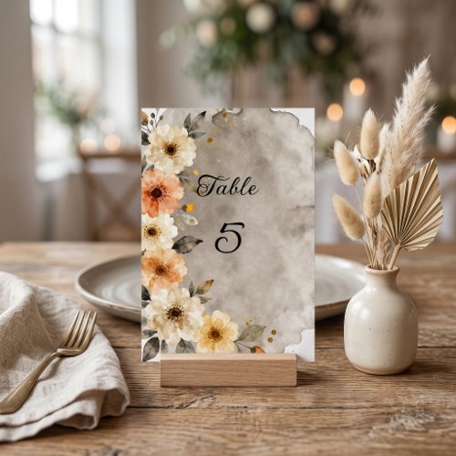 Watercolor Cream Orange Grey Floral Fall Wedding Table Number