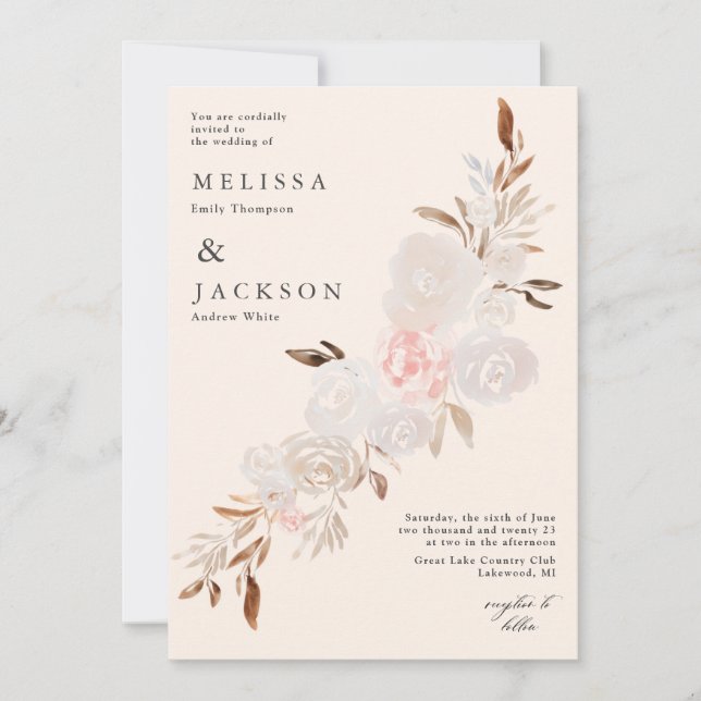 Watercolor Cream Roses Beige Wedding Invitation  (Front)