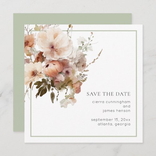 Watercolor Cream Sage Green Floral Wedding  Save The Date