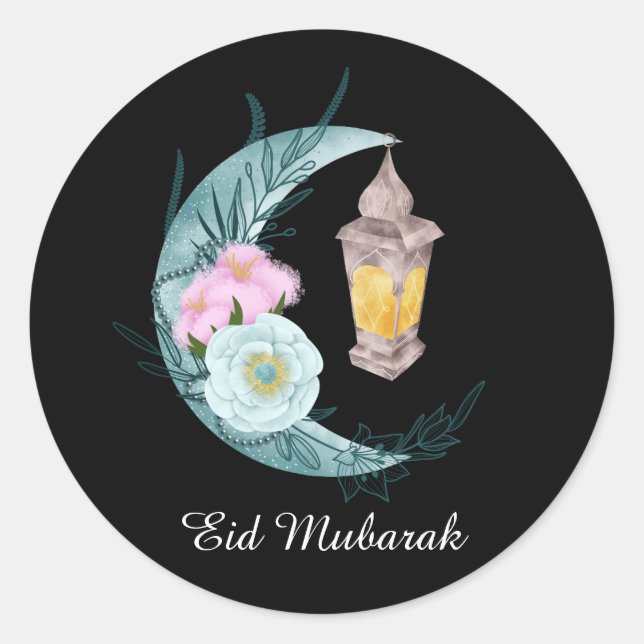 Watercolor Crescent Eid Mubarak Black Sticker (Front)