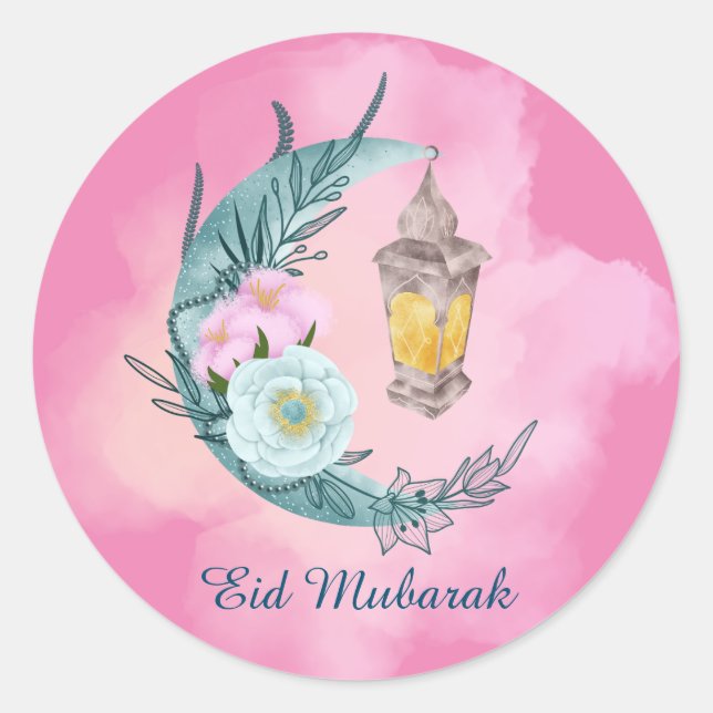 Watercolor Crescent Eid Mubarak Pink Sticker (Front)