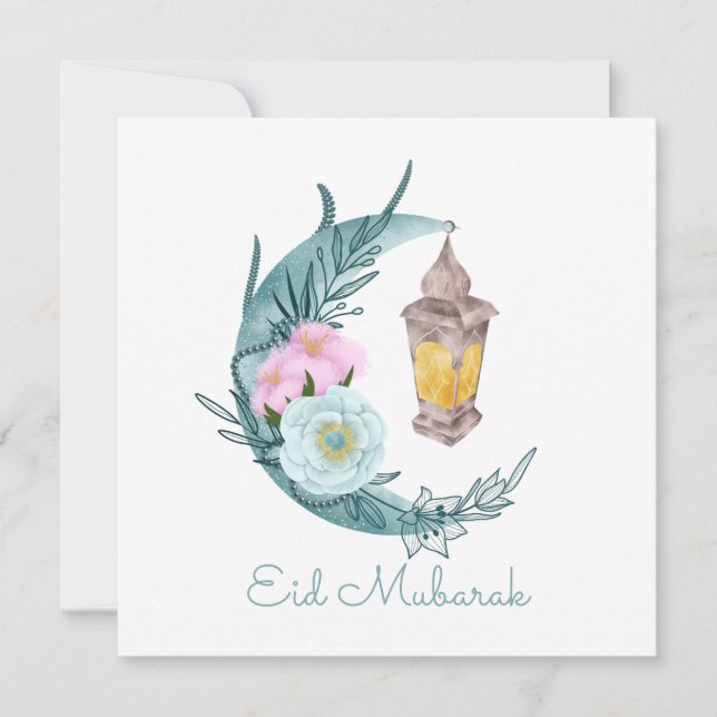 Watercolor Crescent Eid Mubarak White Holiday Card (Front)