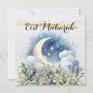 Watercolor Crescent Moon Eid Mubarak Gold Accent Holiday Card