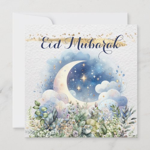 Watercolor Crescent Moon Eid Mubarak Gold Accent   Holiday Card