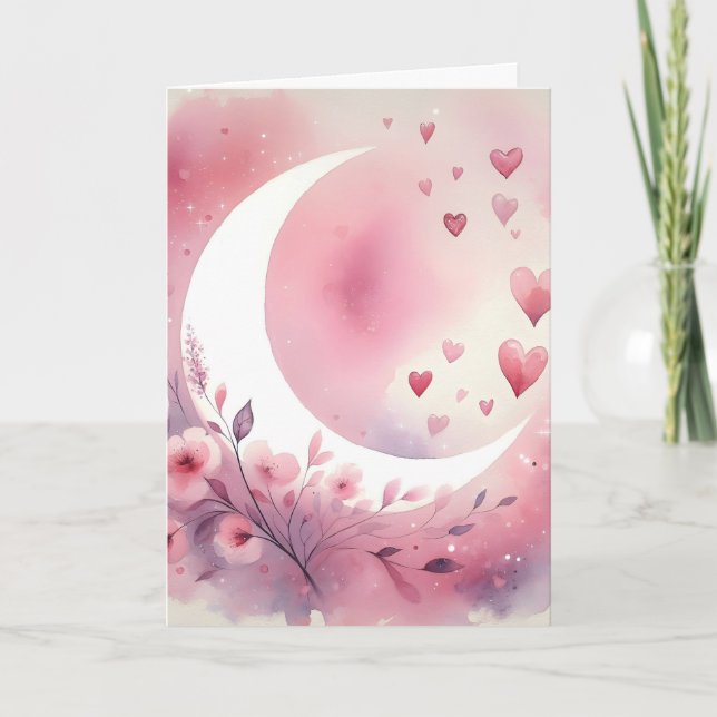 Watercolor Crescent Moon, Hearts, Cherry Blossoms Card (Front)