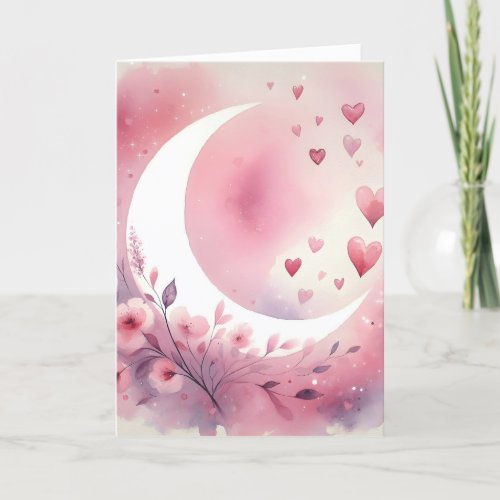 Watercolor Crescent Moon Hearts Cherry Blossoms Card