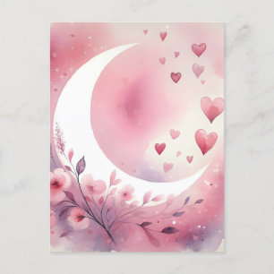 Watercolor Crescent Moon, Hearts, Cherry Blossoms Postcard