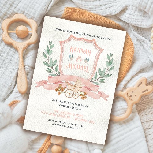 Watercolor Crest Baby Pink Shower Invitation