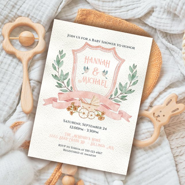 Watercolor Crest Baby Pink Shower Invitation (Creator Uploaded)