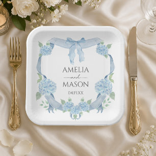 Watercolor Crest Blue Hydrangea Wedding Paper Plates