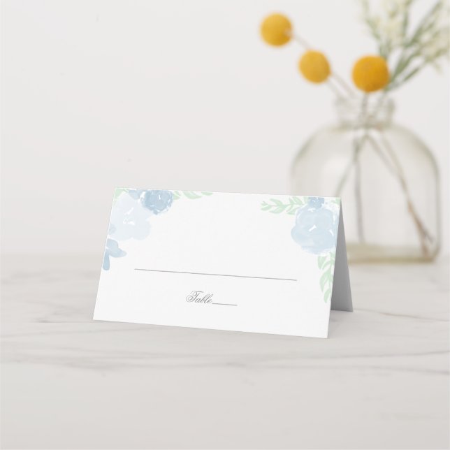 Watercolor Crest Blue Wedding Escort Cards (Front)