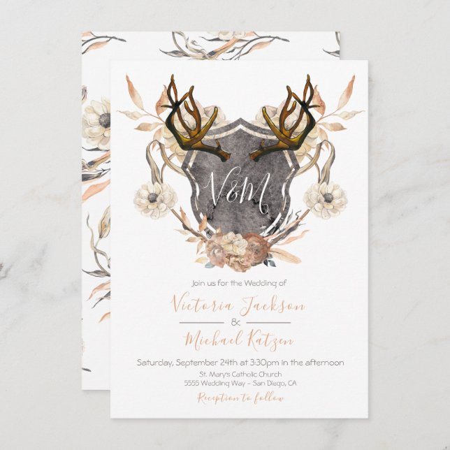 Watercolor Crest floral Antler Wedding invitations (Front/Back)