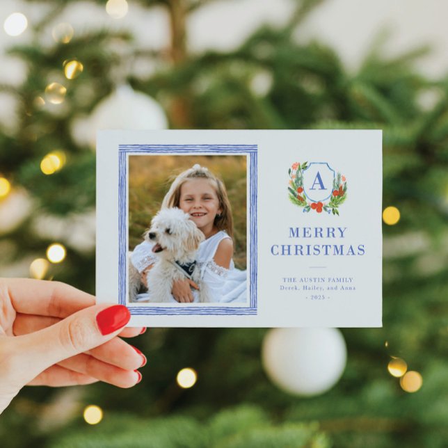 Watercolor Crest Preppy Christmas Photo Card (A classic holiday card with a custom family crest accented with watercolor greenery)