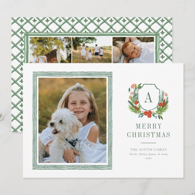 Watercolor Crest Preppy Christmas Photo Card (Front/Back)