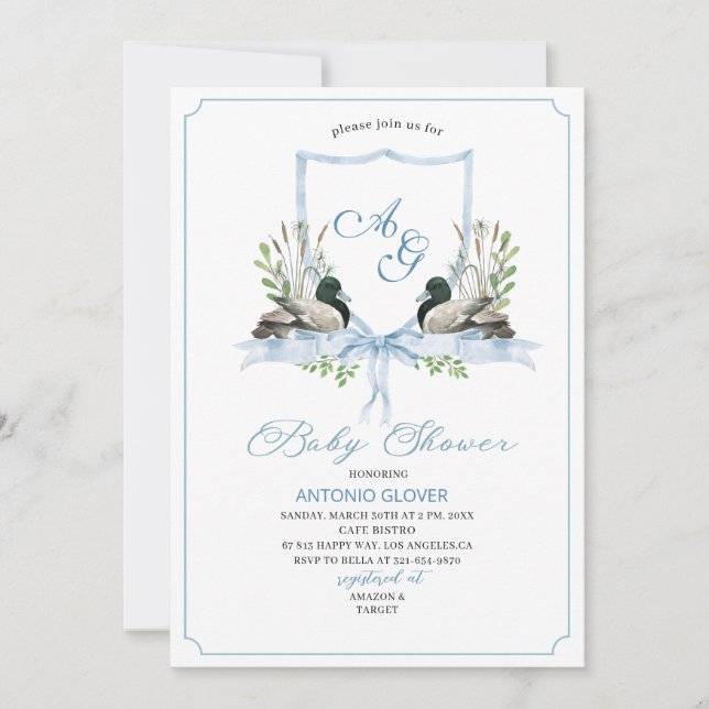 Watercolor Crests  Blue Duck Mallard  Baby Shower Invitation (Front)