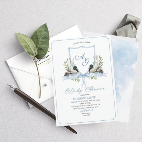 Watercolor Crests  Blue Duck Mallard  Baby Shower Invitation