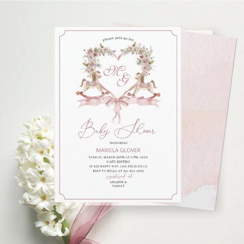 Watercolor Crests  Pink flowers Rocking Horse  Bab Invitation