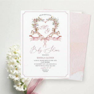 Watercolor Crests  Pink flowers Rocking Horse  Bab Invitation