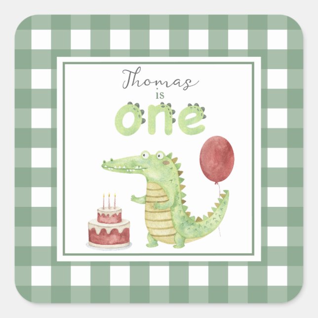 Watercolor Crocodile 1st birthday Square Sticker (Front)