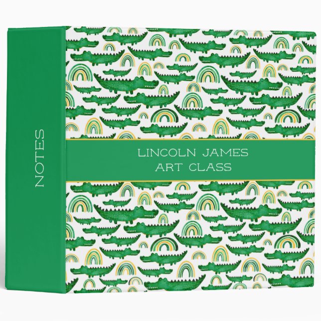 Watercolor Crocodile Alligator Rainbow Personalize 3 Ring Binder (Front/Spine)