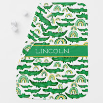 Watercolor Crocodile Alligator Rainbow Personalize Baby Blanket