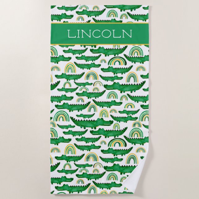 Watercolor Crocodile Alligator Rainbow Personalize Beach Towel (Front)