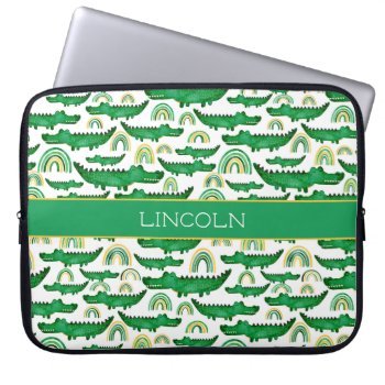 Watercolor Crocodile Alligator Rainbow Personalize Laptop Sleeve by LilPartyPlanners at Zazzle
