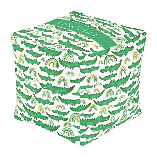 Watercolor Crocodile Alligator Rainbow Personalize Pouf (Angled Front)