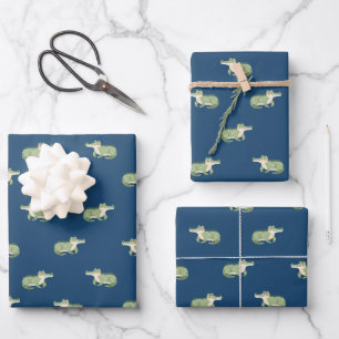 Watercolor Crocodiles on Dark Blue Wrapping Paper Sheets