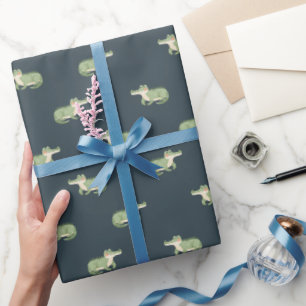 Watercolor Crocodiles on Dark Gray-Blue Wrapping Paper