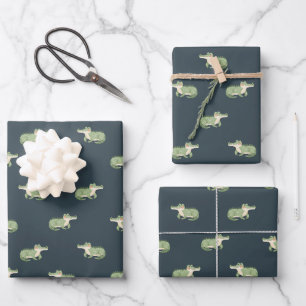 Watercolor Crocodiles on Dark Gray-Blue Wrapping Paper Sheets