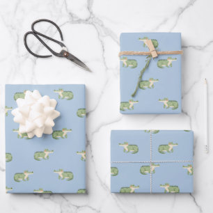 Watercolor Crocodiles on Light Blue Wrapping Paper Sheets