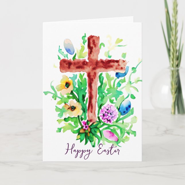 Watercolor cross and flowers custom Easter Holiday Card (Front)