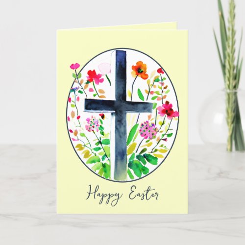 Watercolor cross and flowers oval custom Easter Holiday Card