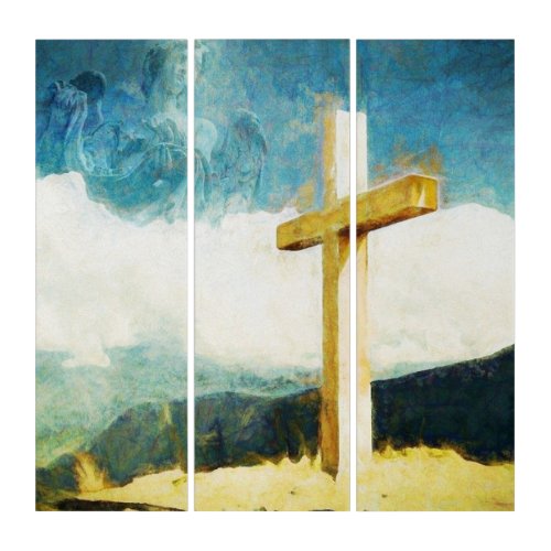 Watercolor Cross Angel Easter Artistic Painting Triptych