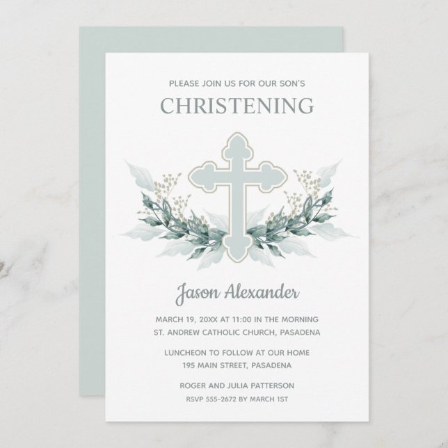 Watercolor Cross Christening Invitations (Front/Back)