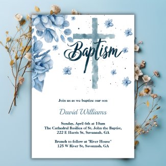 Watercolor Cross Florals Dusty Blue Boy Baptism