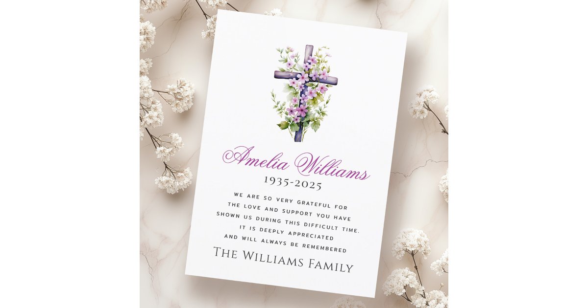 Watercolor cross flower funeral sympathy thank you card | Zazzle