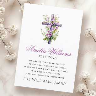 Watercolor cross flower funeral sympathy thank you card