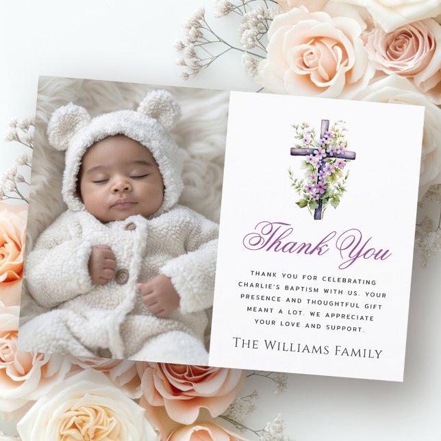 Watercolor cross purple flower baptism thank you (Watercolor cross purple flower baptism thank you)