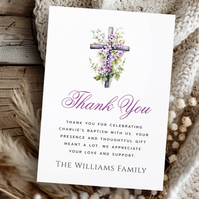 Watercolor cross purple flower baptism thank you card (Watercolor cross purple flower baptism thank you)