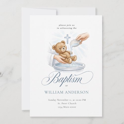 Watercolor Cross Teddy Bear Baptism Announcement