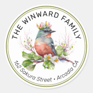 Watercolor Crowned Spring Bird Address Classic Round Sticker