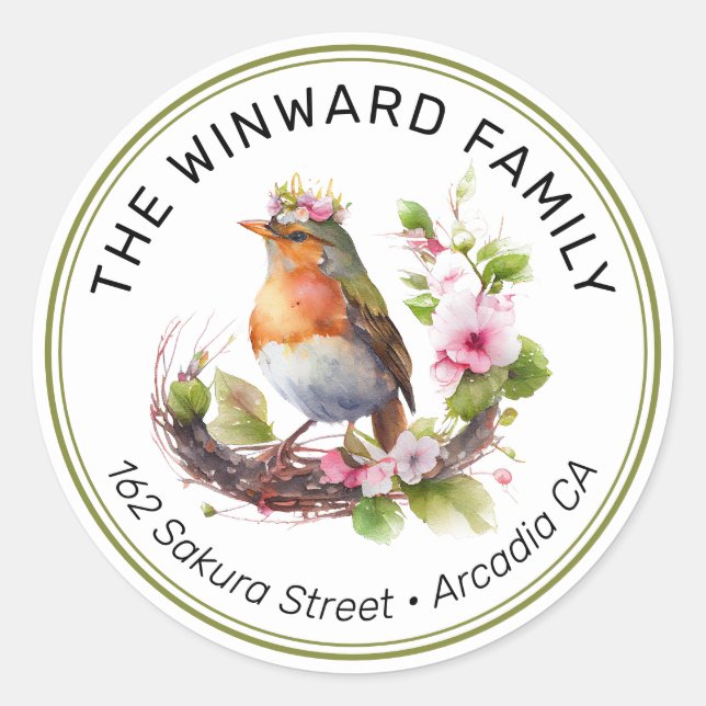 Watercolor Crowned Spring Bird Address Classic Round Sticker (Front)