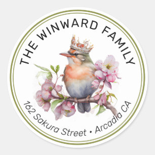 Watercolor Crowned Spring Bird Address Classic Round Sticker