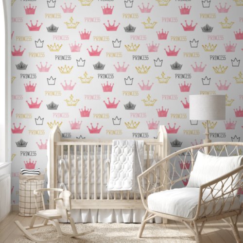 Watercolor Crowns Pink Little Princess Nursery Wallpaper