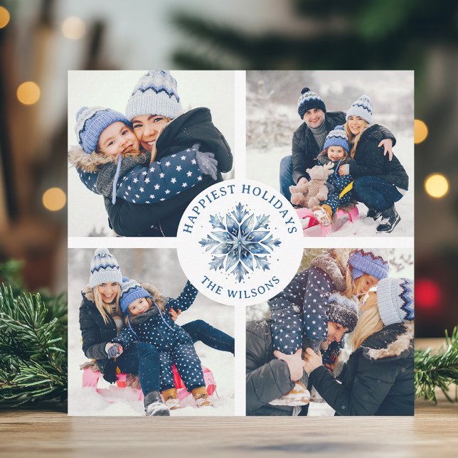 Watercolor Crystal Blue Snowflake 4 Photo Collage Holiday Card (Creator Uploaded)