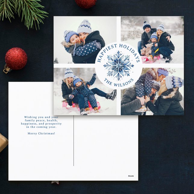 Watercolor Crystal Blue Snowflake 4 Photo Collage Holiday Postcard (Creator Uploaded)